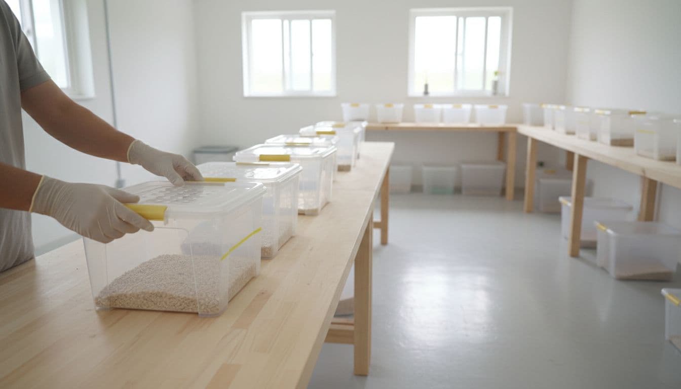 Hands carefully arrange clear plastic containers to establish a clean home-based mealworm farm for poultry.