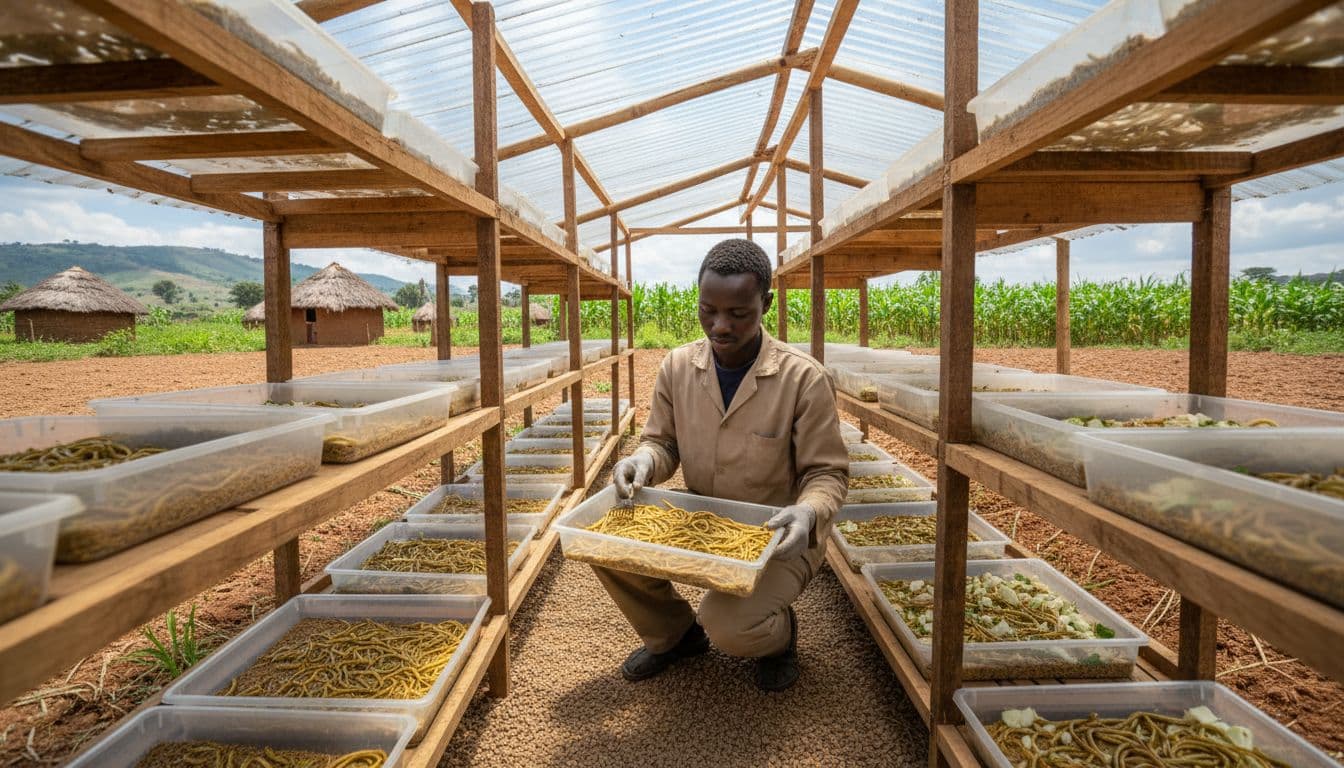 A Kenyan farmer monitors a tray of yellow mealworms within a organized rustic wooden agricultural structure.