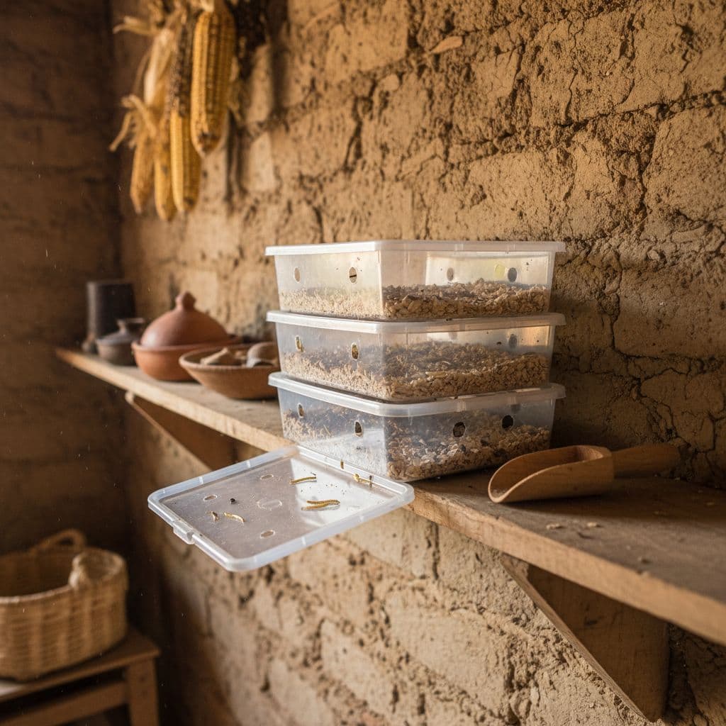 Stacked plastic trays for mealworm farming sit neatly on a rustic wooden shelf in a sunlit room.