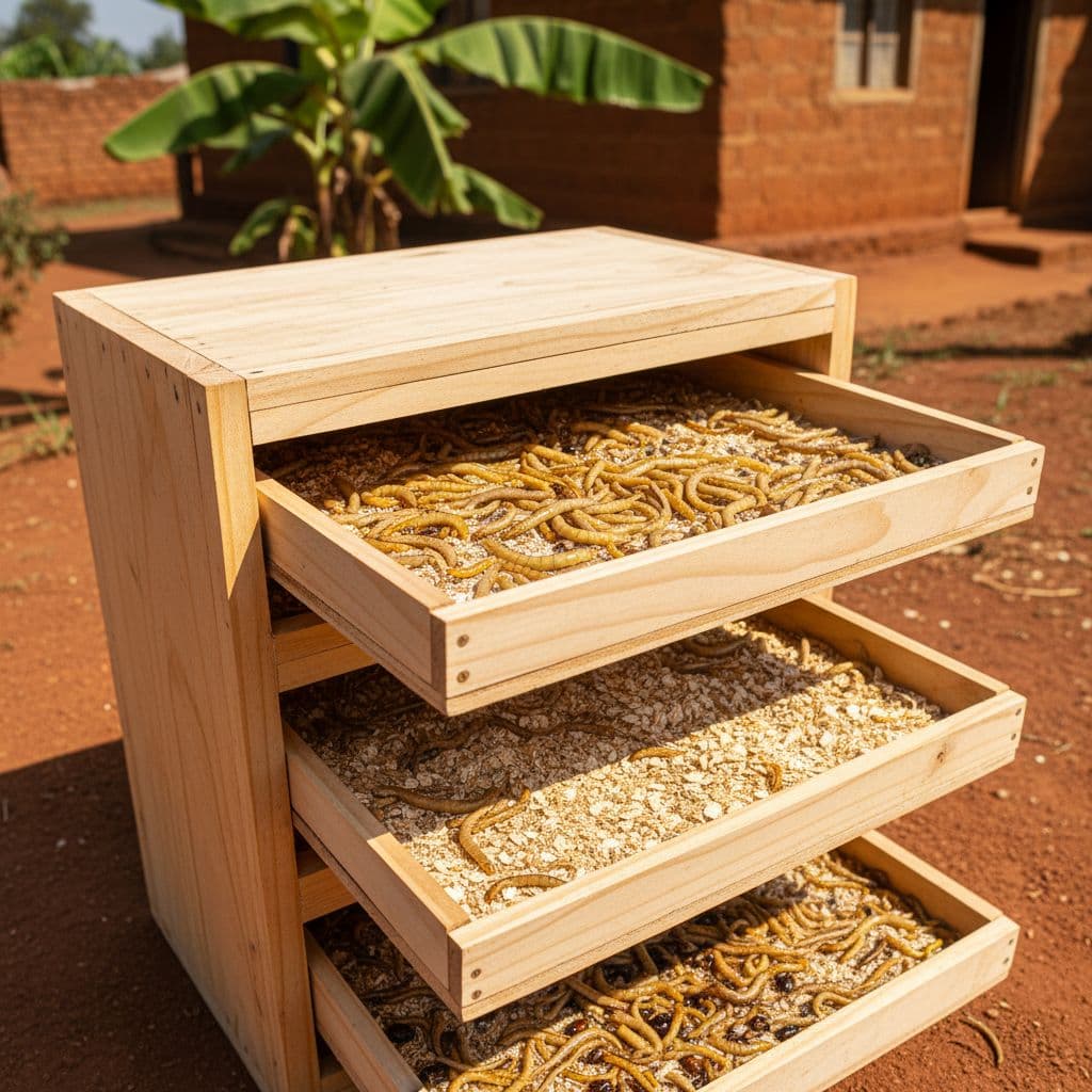 A wooden multi-tray mealworm farming structure sits in a sunny backyard.