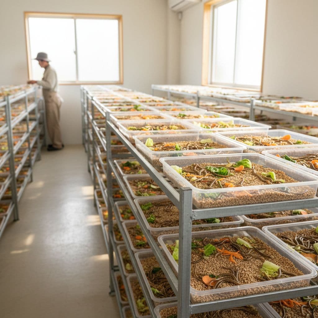 Shallow plastic trays containing mealworms, wheat bran, and vegetable scraps in a bright, clean farm environment.