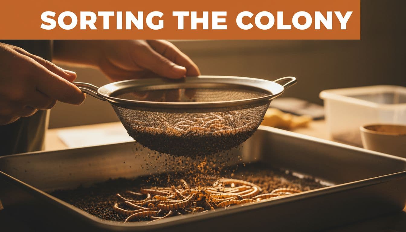 A person uses a metal sieve to sift through organic bedding to separate healthy mealworms.