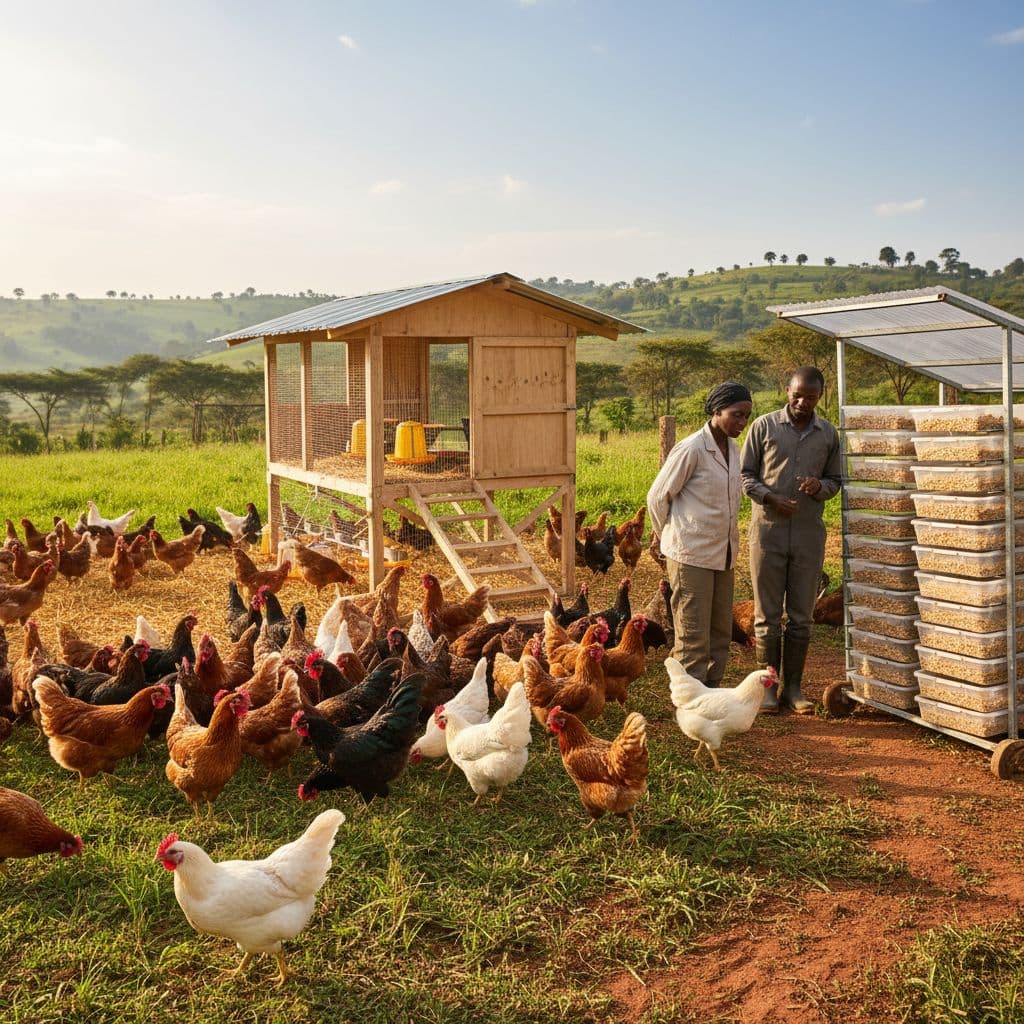 A healthy flock of chickens forages near an organized mealworm farming unit in a modern backyard setting.