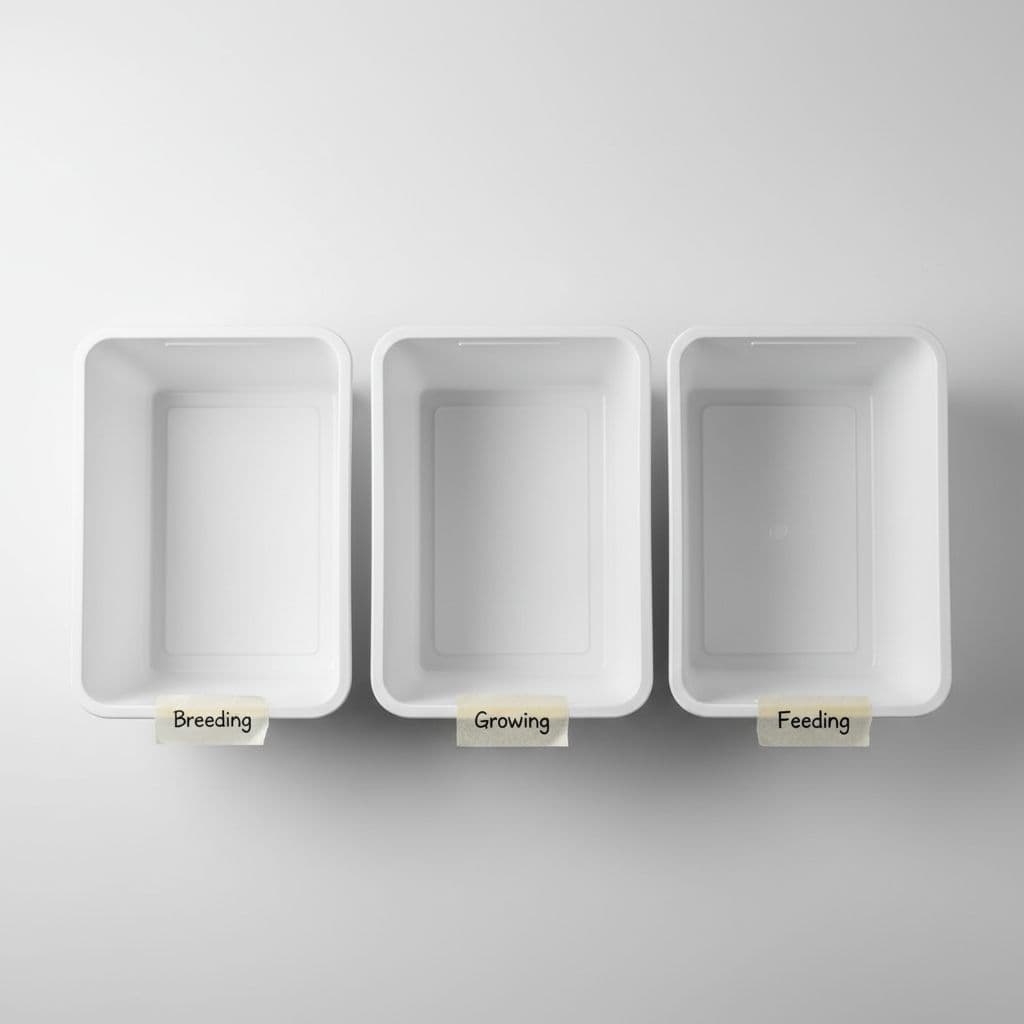 Three white plastic bins labeled for breeding, growing, and feeding are organized in a straight row.
