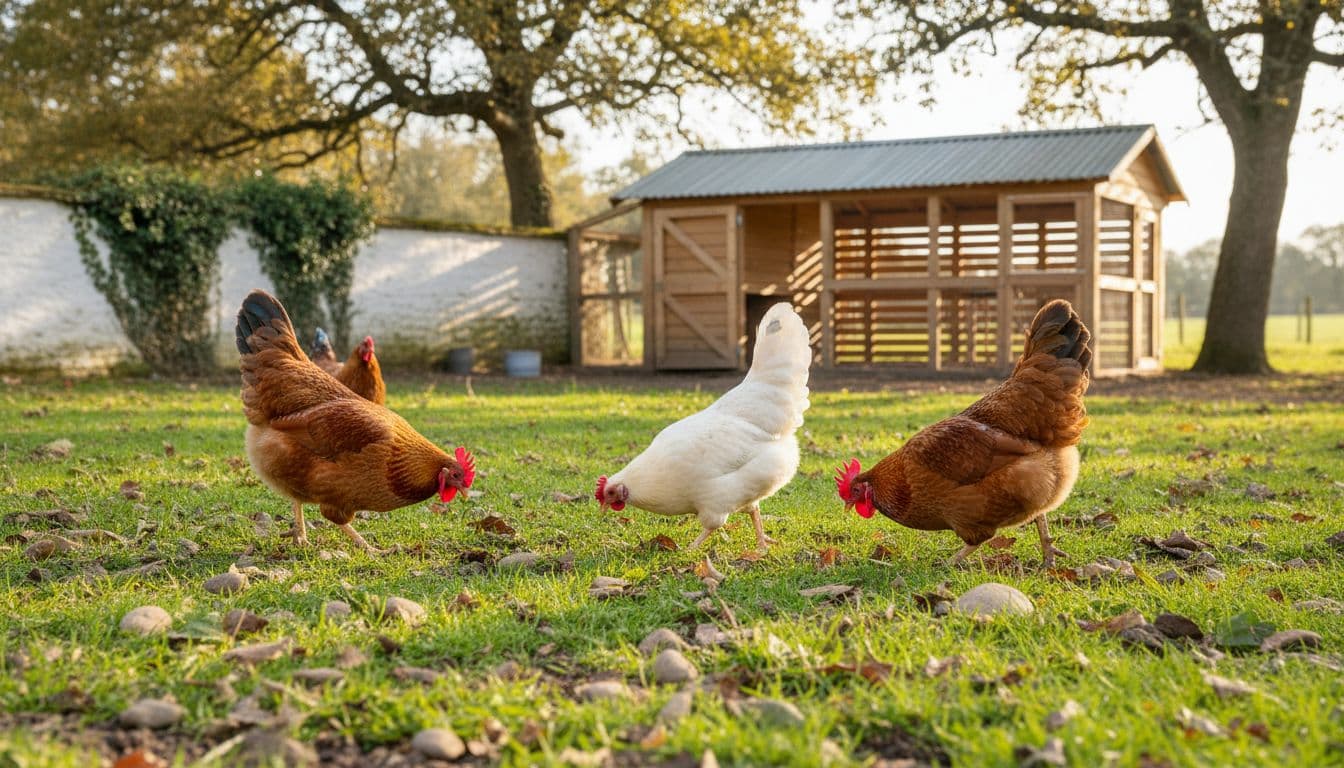 Three healthy chickens forage together in a bright, grassy outdoor farm setting.